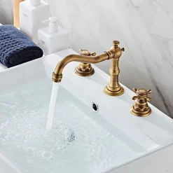 Brass Bathroom Faucet, Brushed Finish Antique Copper Two Handles Three Holes Widespread Bathroom Sink Faucet Contain with Cold and Hot Switch