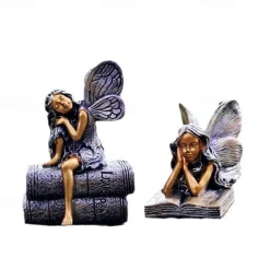 Bronze Angel Resin Figurine, Book Angel Girl Sculpture, Creative Home Decor for Bookshelves, Desk, and Office Decoration