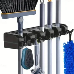 Broom Holder, Wall Mounted Garden Tool Organizer, Home Laundry Room, Kitchen, Closet, Shed, Garage Organization And Storage Utility Rack, 5 Slots & 6 Hooks, Rake, Shovel, Mop Hanger