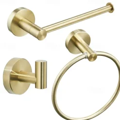 Brushed Brass Towel holder Bathroom Accessory Set Include Towel Bar Robe Hook and Towel Ring New Design Modern Stainless Steel Material Wall Mounted Golden 3pcs