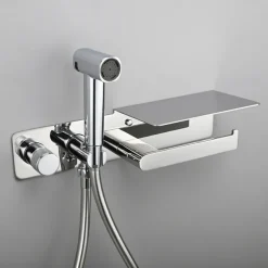 Brushed Gold Bidet Sprayer Concealed Button Brass Valve with Commodity Shelf Paper Holder Plastic Sprayer PVC Hose Grey