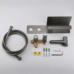 Brushed Gold Bidet Sprayer Concealed Button Brass Valve with Commodity Shelf Paper Holder Plastic Sprayer PVC Hose Grey