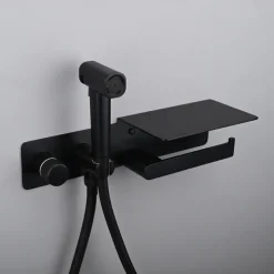 Brushed Gold Bidet Sprayer Concealed Button Brass Valve with Commodity Shelf Paper Holder Plastic Sprayer PVC Hose Grey