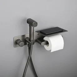 Brushed Gold Bidet Sprayer Concealed Button Brass Valve with Commodity Shelf Paper Holder Plastic Sprayer PVC Hose Grey