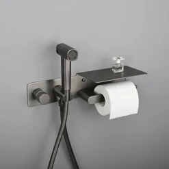 Brushed Gold Bidet Sprayer Concealed Button Brass Valve with Commodity Shelf Paper Holder Plastic Sprayer PVC Hose Grey