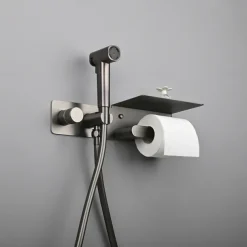 Brushed Gold Bidet Sprayer Concealed Button Brass Valve with Commodity Shelf Paper Holder Plastic Sprayer PVC Hose Grey