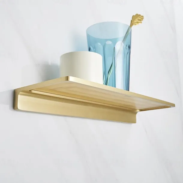 Brushed Golden Bathroom Shelf Brass Wall Mounted Metal Floating Rectangle Shelf 1PC