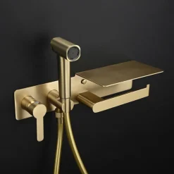 Brushed Grey Bidet Sprayer Concealed Button Brass Valve with Commodity Shelf Paper Holder Plastic Sprayer PVC Hose