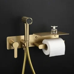 Brushed Grey Bidet Sprayer Concealed Button Brass Valve with Commodity Shelf Paper Holder Plastic Sprayer PVC Hose