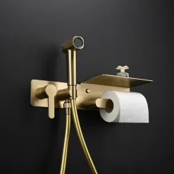 Brushed Grey Bidet Sprayer Concealed Button Brass Valve with Commodity Shelf Paper Holder Plastic Sprayer PVC Hose