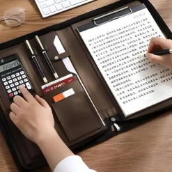 Business Bag Vegan Leather Business Portfolio with Zipper Padfolio All-in-One. Smartest Protective Tablet Sleeve, Presentation Slot, Calculator, Card Storage, Writing Pad