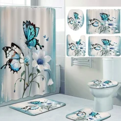Butterfly Bathroom Deco 4 Pcs Shower Curtain Set 180cm*180cm(70