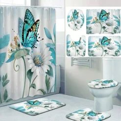Butterfly Bathroom Deco 4 Pcs Shower Curtain Set 180cm*180cm(70