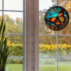 Butterfly Faux Stained Glass Window Cling Suncatcher, Round Dragonfly Wreath Glass, Butterfly Wreath Acrylic Plate Decoration
