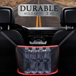 Car Net Pocket Handbag Holder, Extra Storage Space Organizer, Safe & Disturb-Free Driving, Simple Installation, Fits Standard Armrests, Oxford Cloth & Mesh, Black/Red