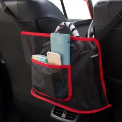 Car Net Pocket Handbag Holder, Extra Storage Space Organizer, Safe & Disturb-Free Driving, Simple Installation, Fits Standard Armrests, Oxford Cloth & Mesh, Black/Red
