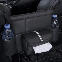 Car Storage Pocket Between Seats with Cup Holder,Car Purse Holder,Car Tissue Holder, Leather Large Bag Purse Holder for Car Front Seat, Multipurpose Car Pocket Handbag Storage Organizer