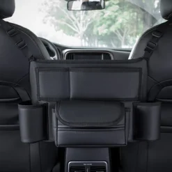 Car Storage Pocket Between Seats with Cup Holder,Car Purse Holder,Car Tissue Holder, Leather Large Bag Purse Holder for Car Front Seat, Multipurpose Car Pocket Handbag Storage Organizer