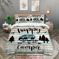 Cartoon Camping RV Print Duvet Cover Set - Includes Duvet Cover and Pillowcases - Fun and Whimsical Design - Soft and Comfortable Fabric - Perfect for Adventurous Bedroom Decor - Easy to Clean and Maintai