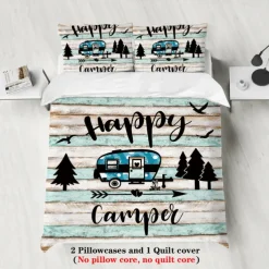 Cartoon Camping RV Print Duvet Cover Set - Includes Duvet Cover and Pillowcases - Fun and Whimsical Design - Soft and Comfortable Fabric - Perfect for Adventurous Bedroom Decor - Easy to Clean and Maintai