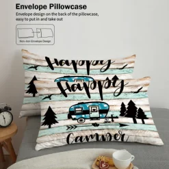 Cartoon Camping RV Print Duvet Cover Set - Includes Duvet Cover and Pillowcases - Fun and Whimsical Design - Soft and Comfortable Fabric - Perfect for Adventurous Bedroom Decor - Easy to Clean and Maintai