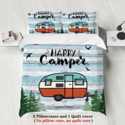 Cartoon Camping RV Print Duvet Cover Set - Includes Duvet Cover and Pillowcases - Fun and Whimsical Design - Soft and Comfortable Fabric - Perfect for Adventurous Bedroom Decor - Easy to Clean and Maintai