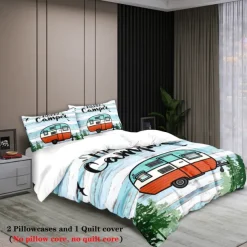Cartoon Camping RV Print Duvet Cover Set - Includes Duvet Cover and Pillowcases - Fun and Whimsical Design - Soft and Comfortable Fabric - Perfect for Adventurous Bedroom Decor - Easy to Clean and Maintai