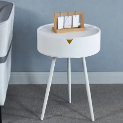 Casual Style Flip Top Side Table with Storage Plastic Round End Coffee Table Modern Bedside Accent Table with Leg Base for Living Room, Bedroom, Office