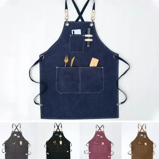 Chef Apron Black for Men Women with Pocket, Cotton Canvas Work Apron Cross Back Heavy Duty Adjustable