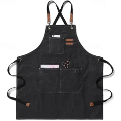 Chef Aprons for Men Women with Large Pockets, Cotton Canvas Cross Back Heavy Duty Adjustable Work Apron