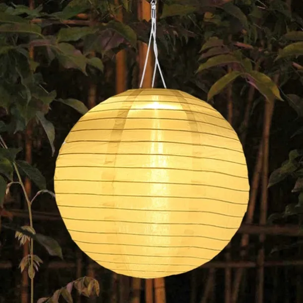 Chinese Style Globe Light Outdoor Solar Power 12inch 30CM Printed Lantern Hanging Lamp IP65 Waterproof Nylon LED Light For Outdoor Garden Party Yard Warm White Decoration Lighting