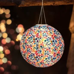 Chinese Style Globe Light Outdoor Solar Power 12inch 30CM Printed Lantern Hanging Lamp IP65 Waterproof Nylon LED Light For Outdoor Garden Party Yard Warm White Decoration Lighting