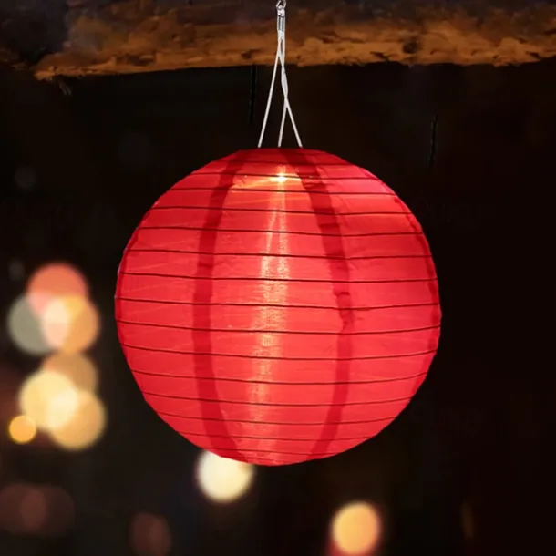 Chinese Style Globe Light Outdoor Solar Power 12inch 30CM Printed Lantern Hanging Lamp IP65 Waterproof Nylon LED Light For Outdoor Garden Party Yard Warm White Decoration Lighting