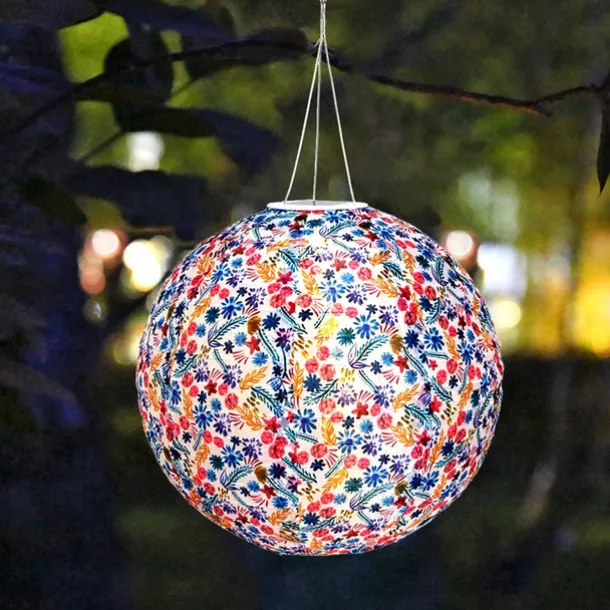 Chinese Style Globe Light Outdoor Solar Power 12inch 30CM Printed Lantern Hanging Lamp IP65 Waterproof Nylon LED Light For Outdoor Garden Party Yard Warm White Decoration Lighting