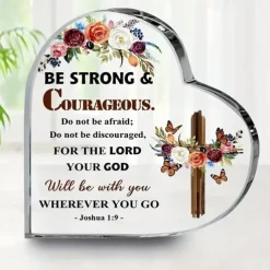 Christian Gift Joshua 19 God Scripture Acrylic Plaque Be Strong And Courageous Encouragement Gift For Boy Girl Cross Flower Butterfly Desk Heart Plaque Religious Gift For Women Men