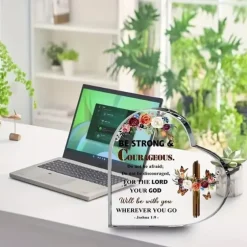 Christian Gift Joshua 19 God Scripture Acrylic Plaque Be Strong And Courageous Encouragement Gift For Boy Girl Cross Flower Butterfly Desk Heart Plaque Religious Gift For Women Men