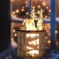 Christmas Advent Calendar, LED Revolving Music Box Advent Calendar Decorated with Christmas Tree Reindeer House LED Lights, Lighted Wooden Carved 24 Day Countdown to Christmas Calendar, 24 Storage Dra