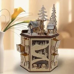 Christmas Advent Calendar, LED Revolving Music Box Advent Calendar Decorated with Christmas Tree Reindeer House LED Lights, Lighted Wooden Carved 24 Day Countdown to Christmas Calendar, 24 Storage Dra