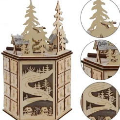 Christmas Advent Calendar, LED Revolving Music Box Advent Calendar Decorated with Christmas Tree Reindeer House LED Lights, Lighted Wooden Carved 24 Day Countdown to Christmas Calendar, 24 Storage Dra