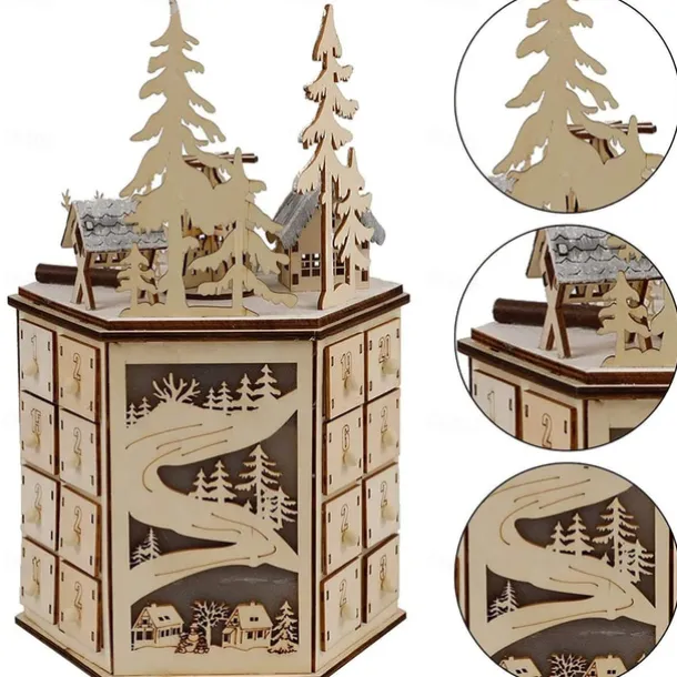 Christmas Advent Calendar, LED Revolving Music Box Advent Calendar Decorated with Christmas Tree Reindeer House LED Lights, Lighted Wooden Carved 24 Day Countdown to Christmas Calendar, 24 Storage Dra