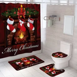 Christmas Bathroom Shower Curtain, Xmas Decoration Curtain with 12 Hooks