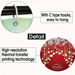 Christmas Bathroom Shower Curtain, Xmas Decoration Curtain with 12 Hooks