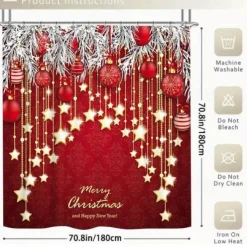 Christmas Bathroom Shower Curtain, Xmas Decoration Curtain with 12 Hooks