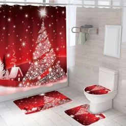 Christmas Bathroom Shower Curtain, Xmas Decoration Curtain with 12 Hooks