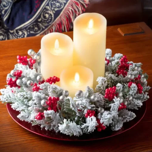 Christmas Candle Garland Rings Flocked Red Fruits Candle Holder Garland Artificial Berries Candle Rings with Pine Cones Mini Wreaths Christmas Centrepiece for Table(Without Candle)