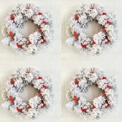 Christmas Candle Garland Rings Flocked Red Fruits Candle Holder Garland Artificial Berries Candle Rings with Pine Cones Mini Wreaths Christmas Centrepiece for Table(Without Candle)