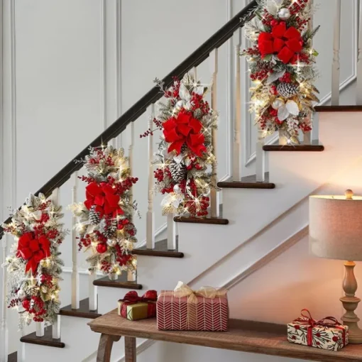 Christmas Decorations Christmas Wreaths Xmas Swags with Lights Cordless Prelit Stairway Stairway Staircase Window Wall Decoration Teardrop Trim Wreath Rattan Shopping Mall Hotel Outdoor