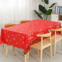 Christmas Disposable Tablecloth – Festive Snowflake Plastic Oil-Proof Table Cover for Holiday Party Decorations