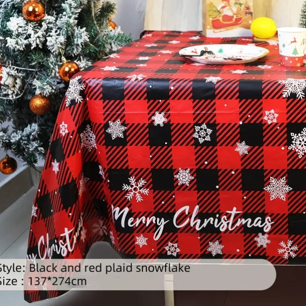Christmas Disposable Tablecloth – Festive Snowflake Plastic Oil-Proof Table Cover for Holiday Party Decorations