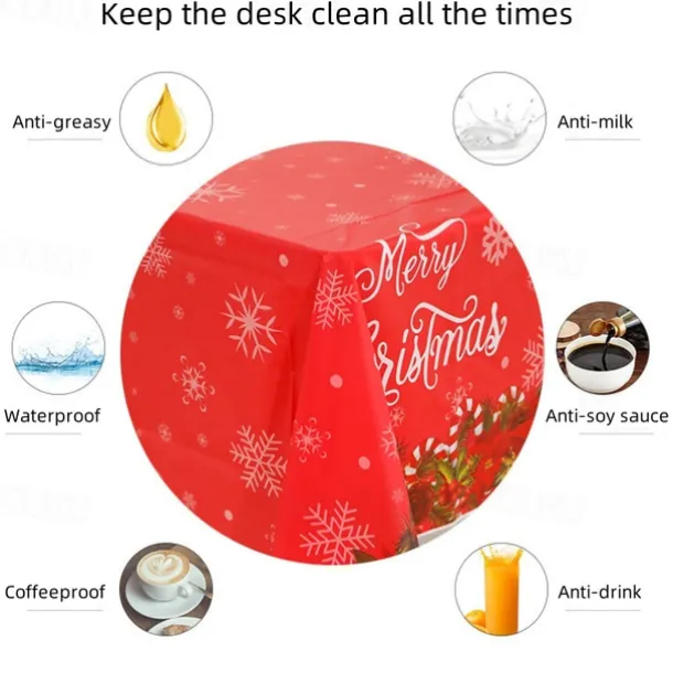 Christmas Disposable Tablecloth – Festive Snowflake Plastic Oil-Proof Table Cover for Holiday Party Decorations